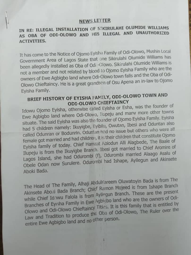 OJOMO EYISHA FAMILY HEAD CRIES FOUL OVER WRONG FAMILY STORY, PUT RECORDS STRAIGHT