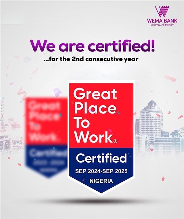 Wema Bank Certified Great Place To Work for the Second Time in a Row