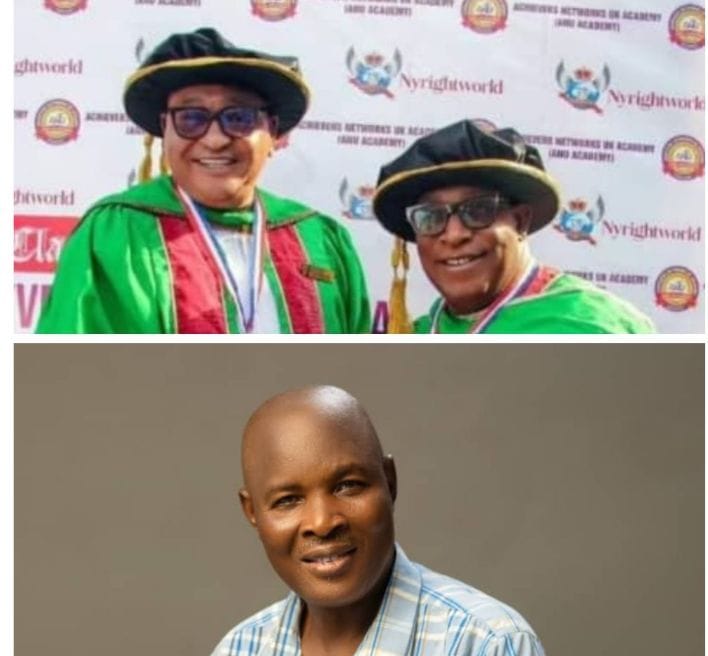 Nollywood veterans actors Adebayo Salami and Jide Kosoko honoured with an Honorary Doctorate Degree in Theatre and Media Arts by Achievers Networks Academy, UK