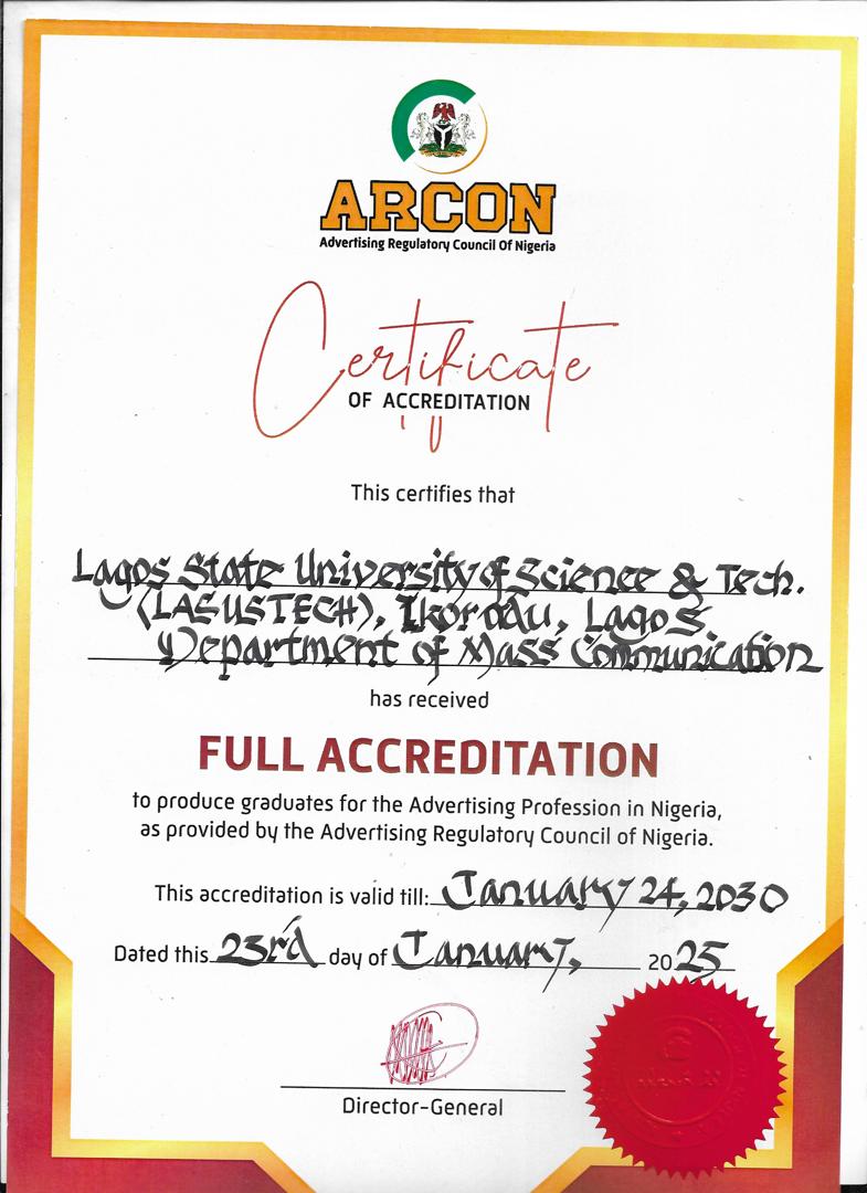 LASUSTECH Mass COMMUNICATION DEPARTMENT EARNS FULL ARCON ACCREDITATION.