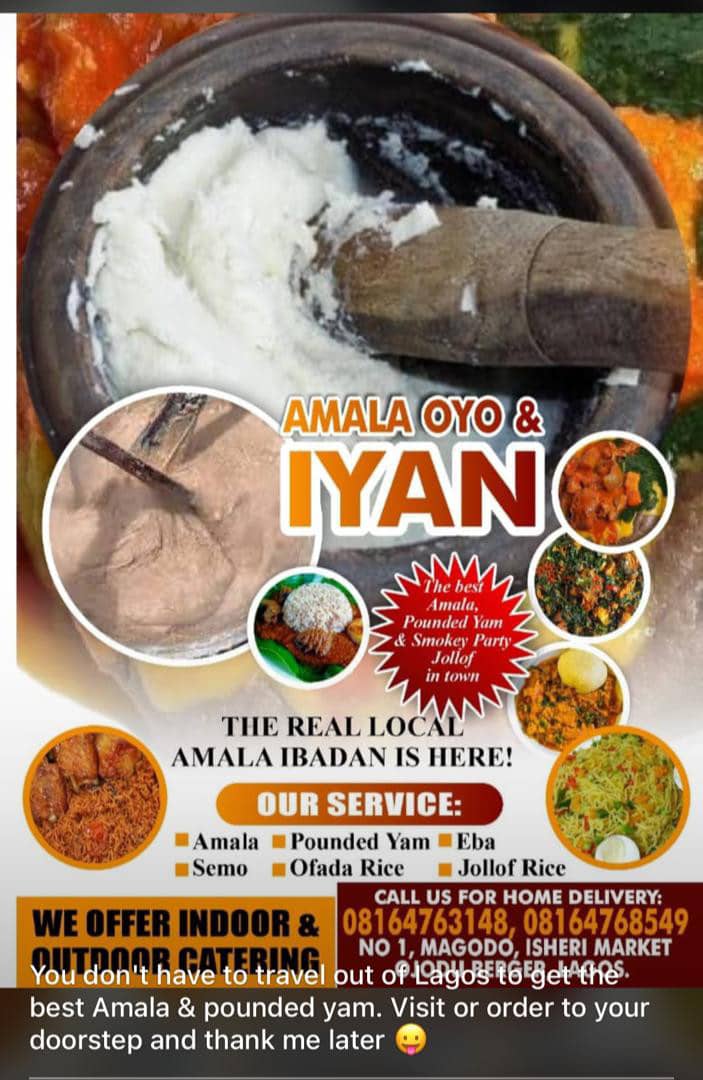 The Real Local Delicacy Amala Ibadan and iyan are here in Lagos, Visit Amala Oyo and Iyan outlet at No 1 Magodo isheri Market, Ojodu Berger Lagos..