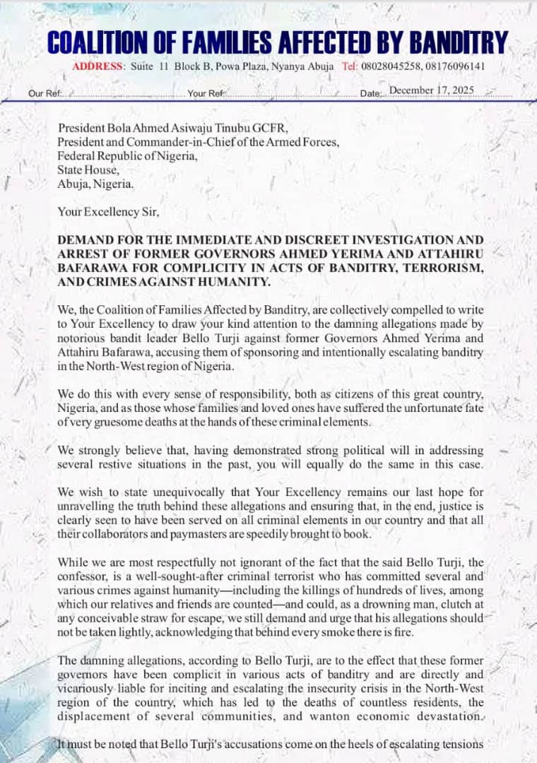 Banditry: Victims’ Families write President Tinubu Over Turji’s Confession, Demand Former Govs Yerima, Bafarawa’s Arrest.