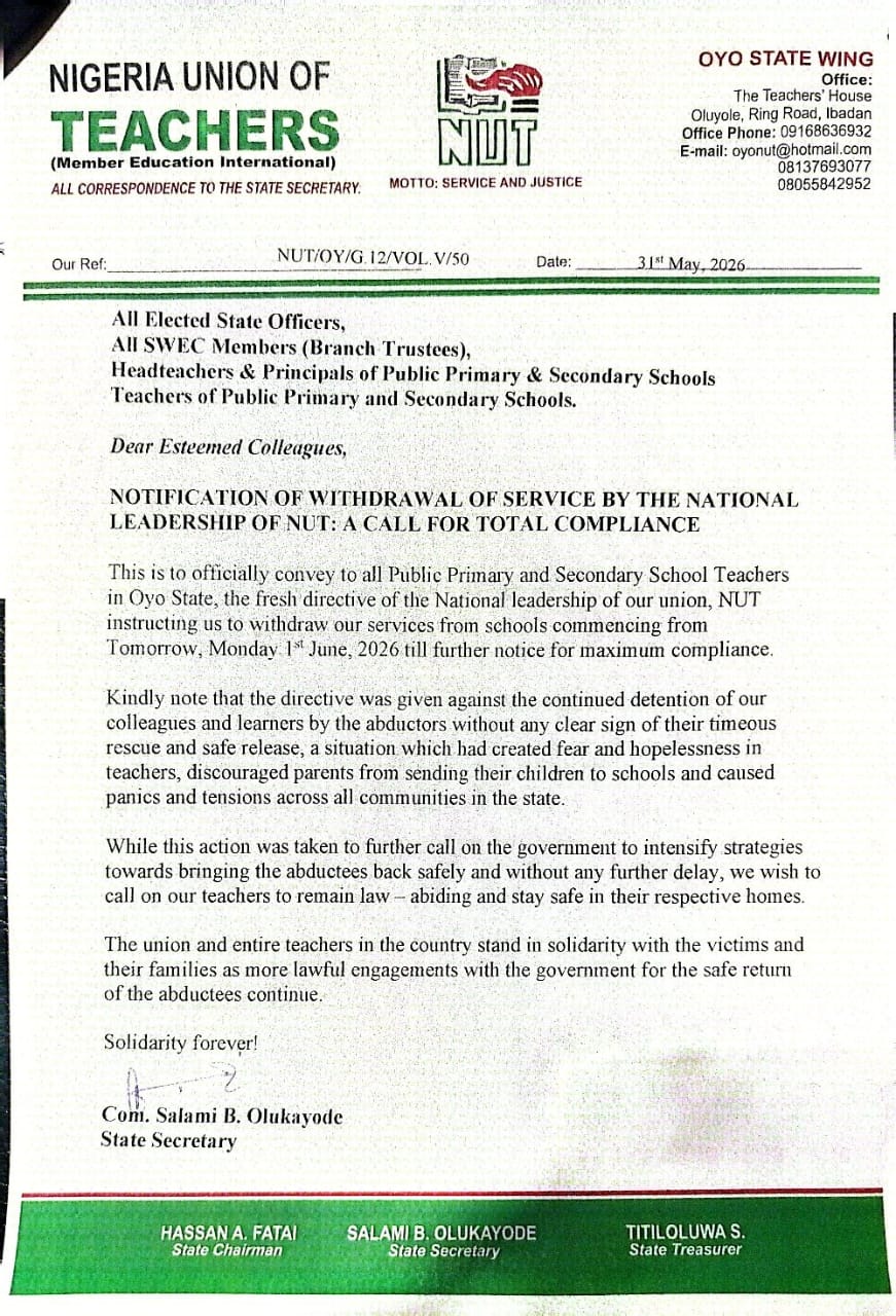 NUT Directs Oyo Teachers to Embark on Indefinite Strike Over Abducted Colleagues, Pupils