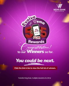 Wema Bank’s 5 for 5 Rewards Delivers ₦17.96 Million to 273 Customers in One Month