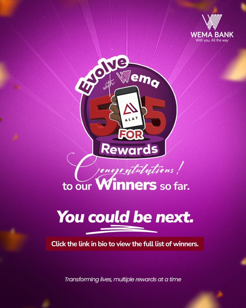 Wema Bank’s 5 for 5 Rewards Delivers ₦17.96 Million to 273 Customers in One Month