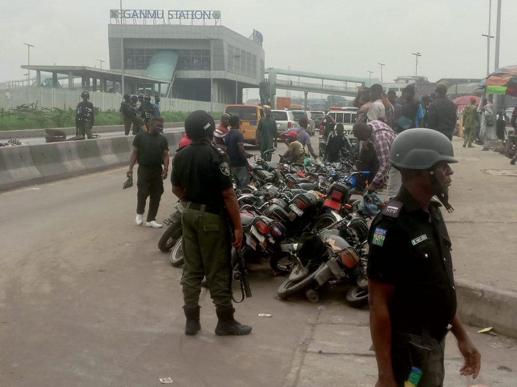 LAGOS TASKFORCE APPREHENDS 309 COMMERCIAL MOTORCYCLES ON ECOWAS ROAD, CLEARS ALABA RAGO OF ENVIRONMENTAL INFRACTIONS