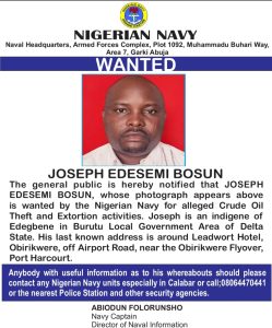 Navy Declares Joseph Edese Bosun Wanted Over Crude Oil Theft, Extortion