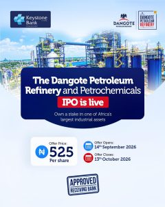 KEYSTONE BANK NAMED RECEIVING AGENT FOR DANGOTE REFINERY PUBLIC OFFER, OPENS SUBSCRIPTION ACCESS TO INVESTORS